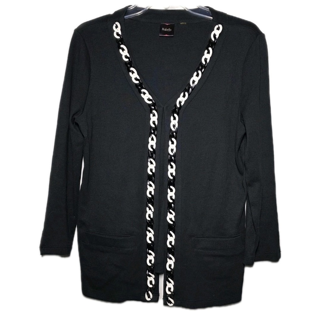 Rafaella Womens Medium Cardigan Sweater With Black And White Chain Trim